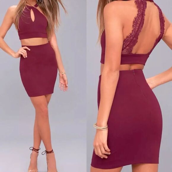 Lulus Dresses & Skirts - Lulus 2 piece Chic My Interest Burgundy red lace crop top dress mini skirt L